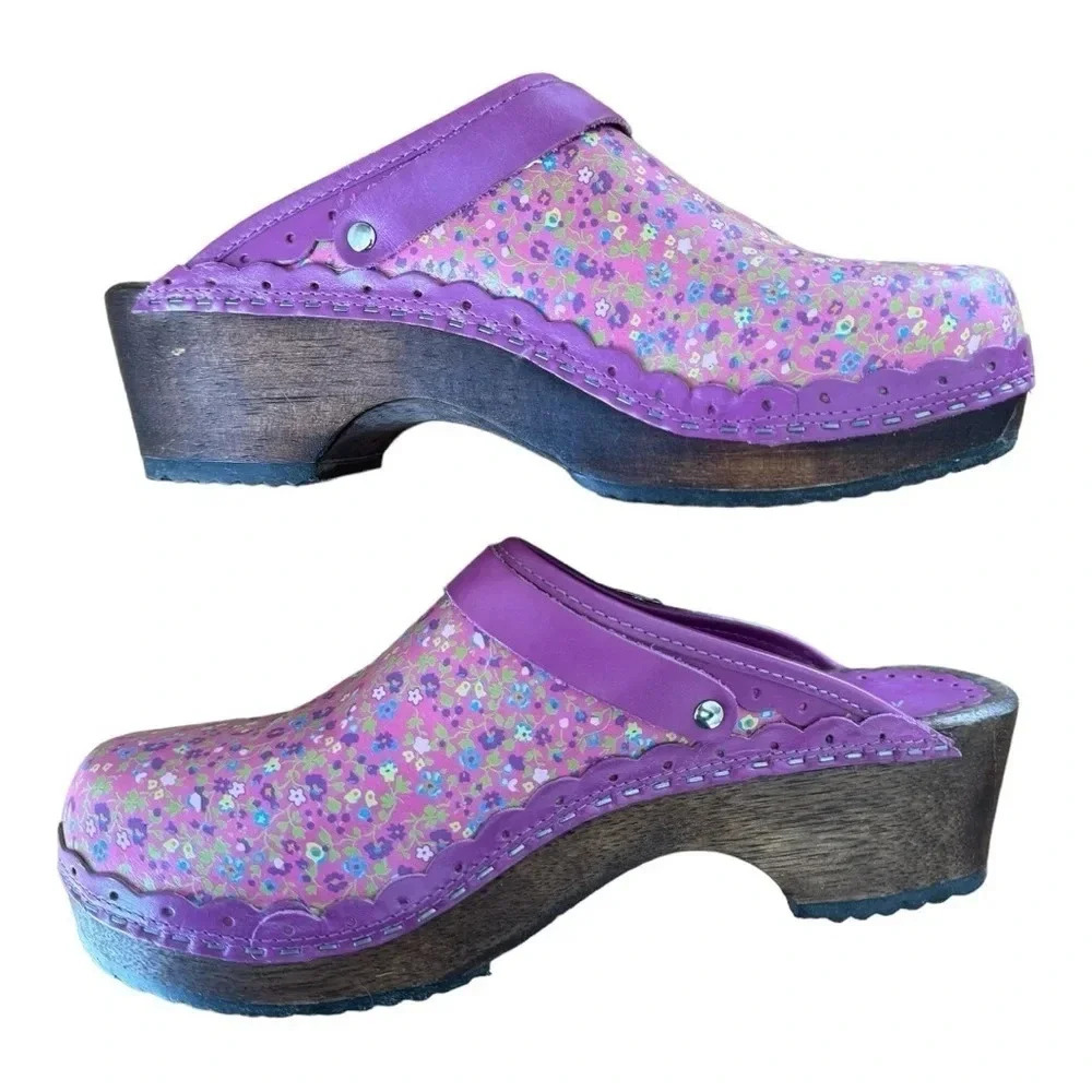 Hanna Andersson Leather Pink Floral Clogs womens size 40